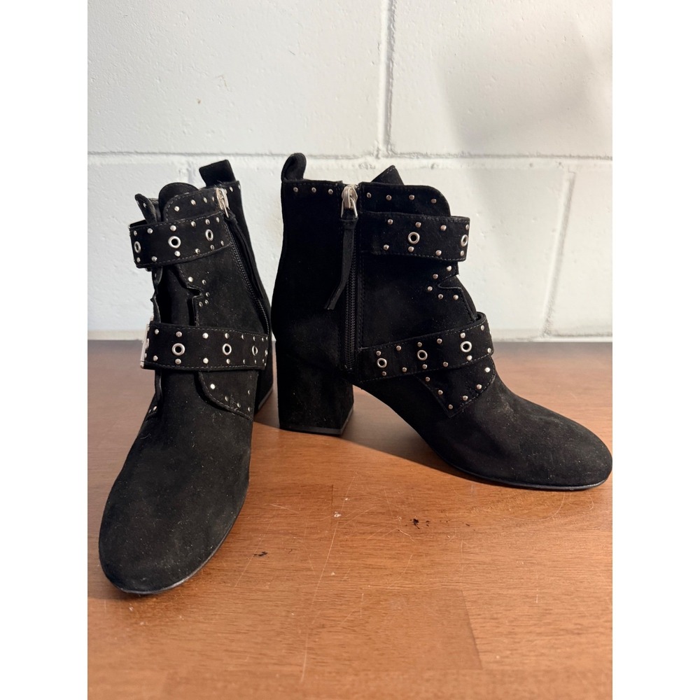Rebecca Minkoff Black Suede Studded Buckle Ankle Boots Block Heel Women Size 7.5
